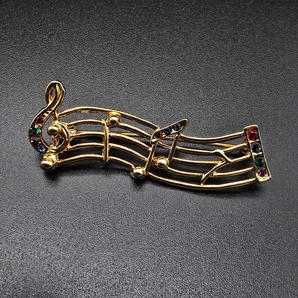 Gold Tone Music Staff Brooch Colorful Rhinestone Musician Gift